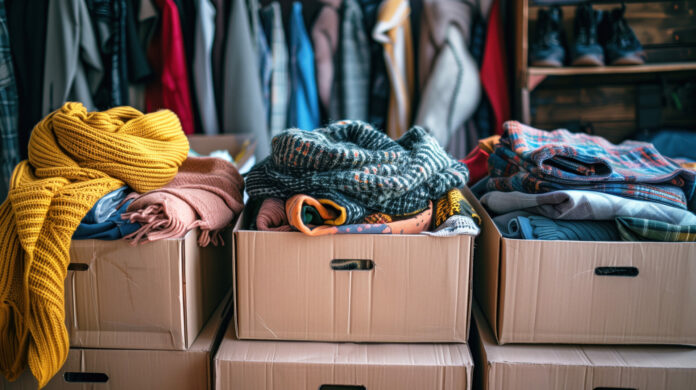 Boxes of clothes and household items neatly labeled for donation, symbolizing decluttering and giving back as part of spring cleaning traditions.